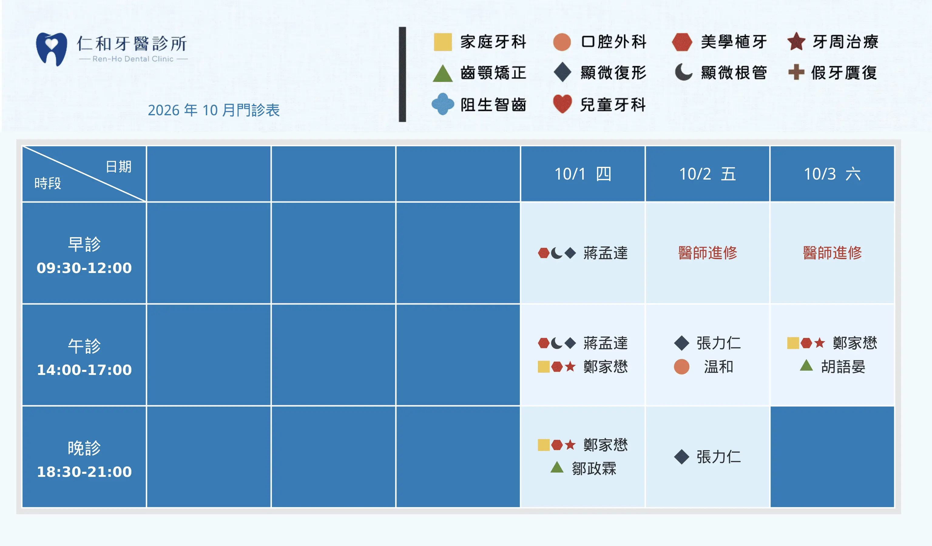 仁和牙醫 2026年10月 第1週 1 0
