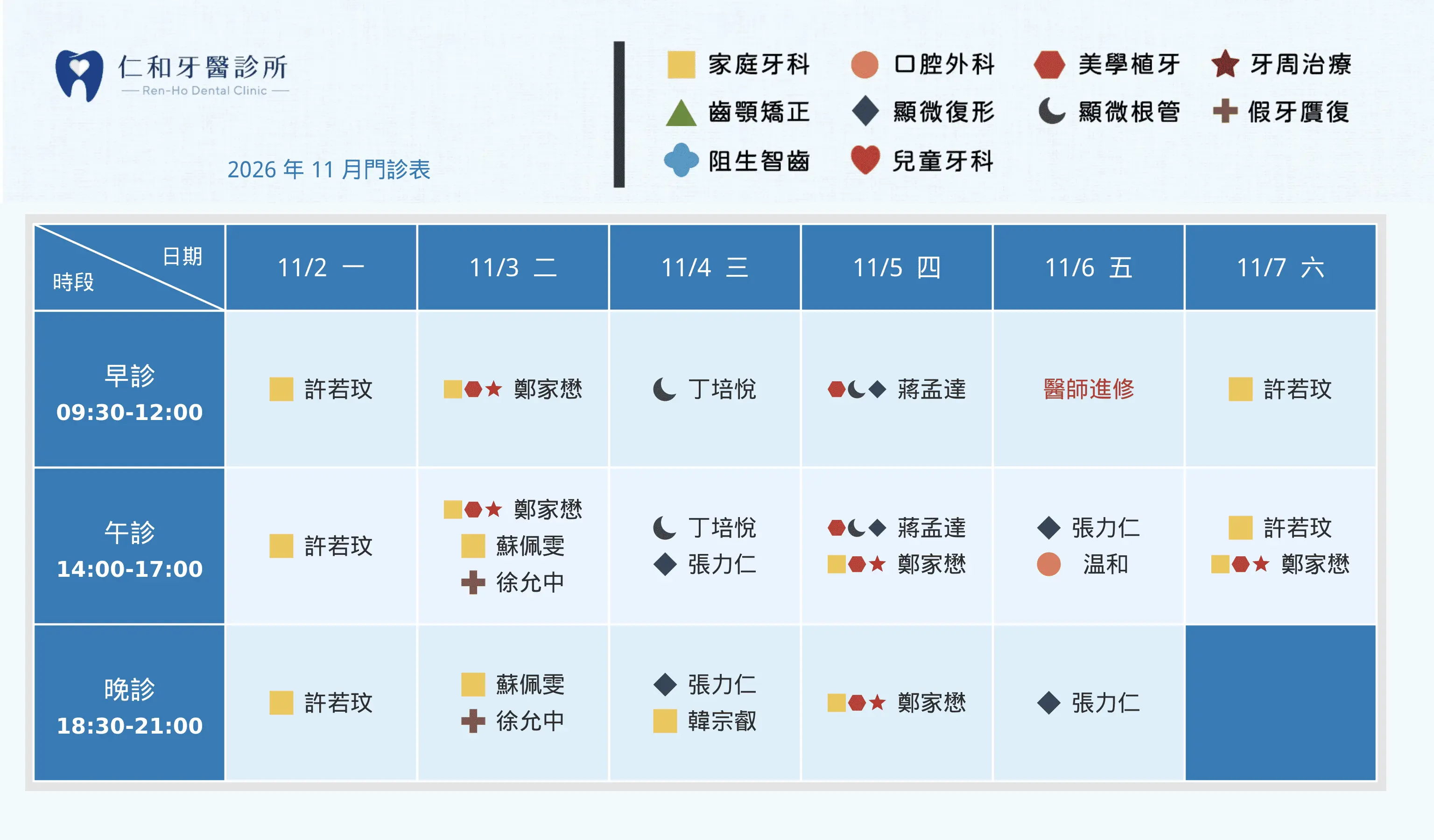 仁和牙醫 2026年11月 第1週 0